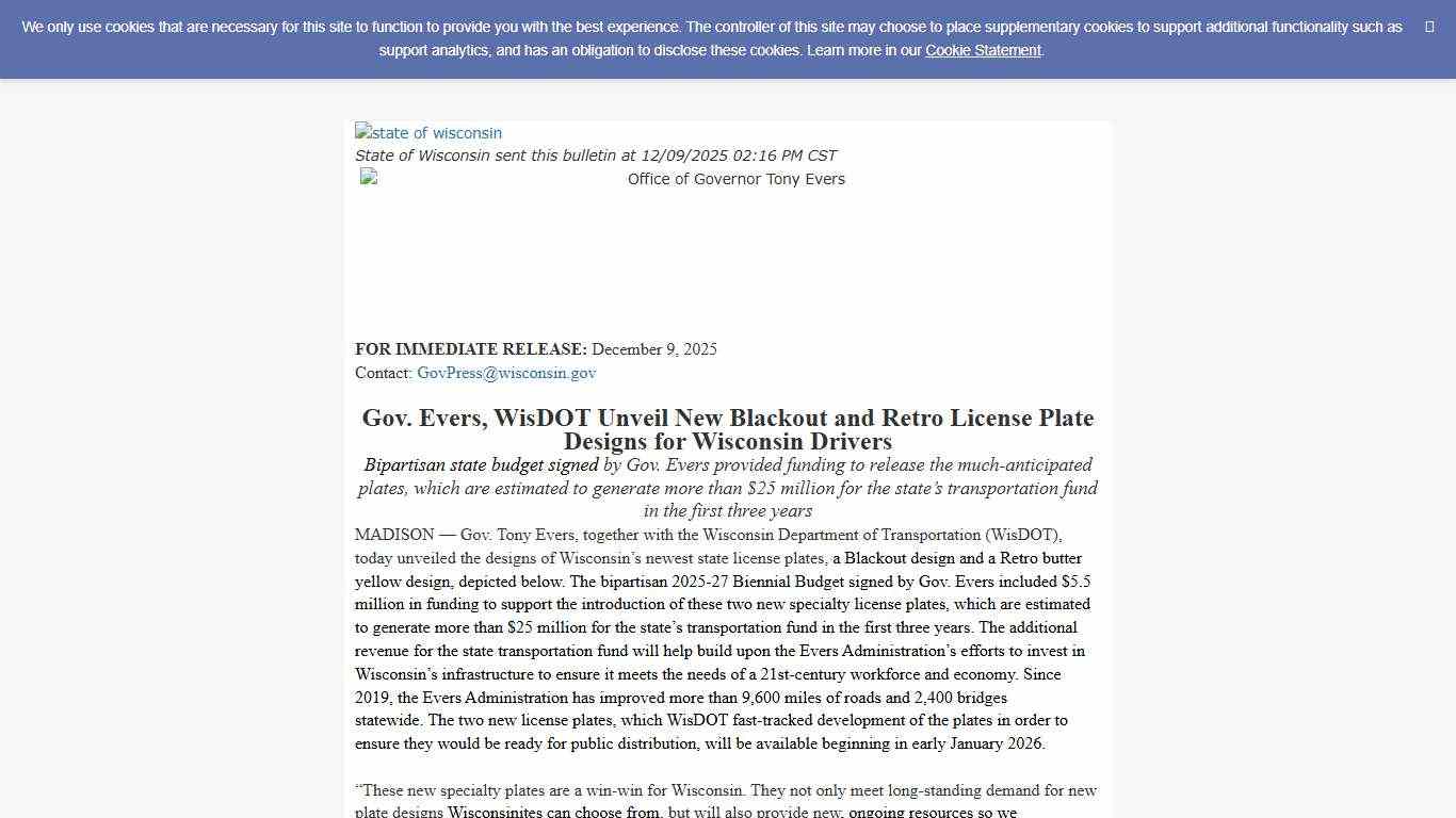 Press Release: Gov. Evers, WisDOT Unveil New Blackout and Retro License Plate Designs for Wisconsin Drivers